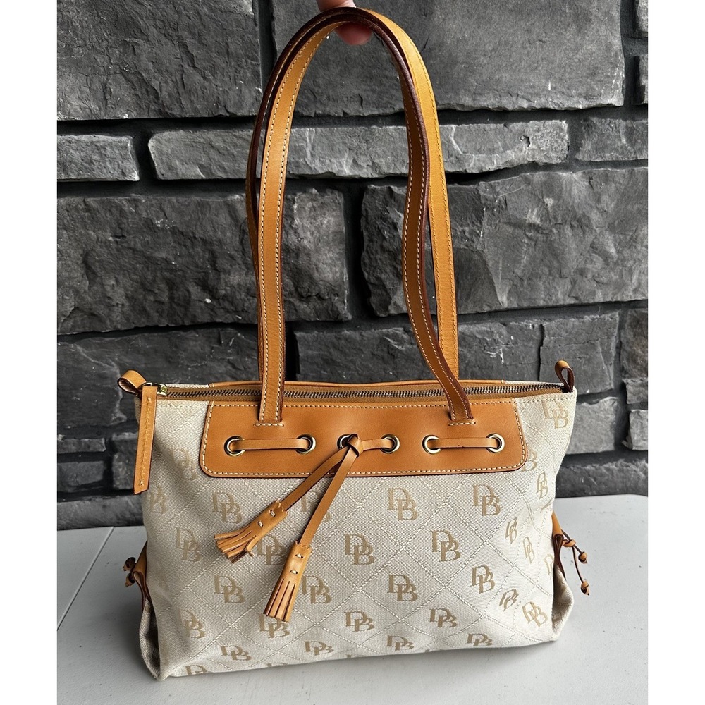 Dooney & Bourke Vintage Large Tassel Top Zip Tote Desert DB Monogram Tan Leather